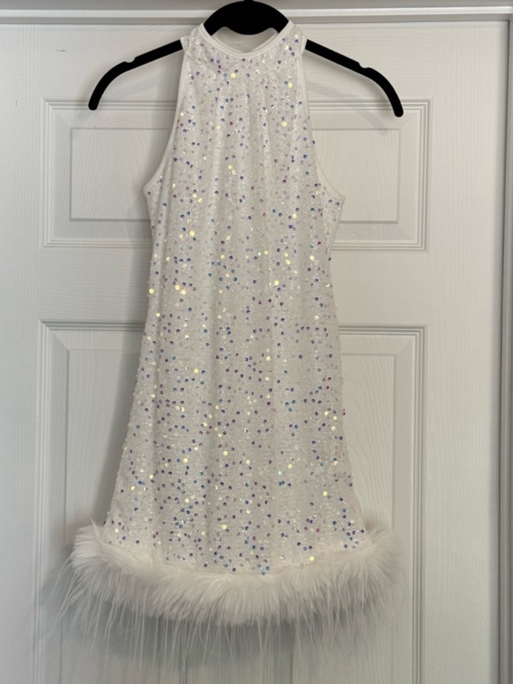 SHEIN White Sequin Halter Dress with Feather Trim